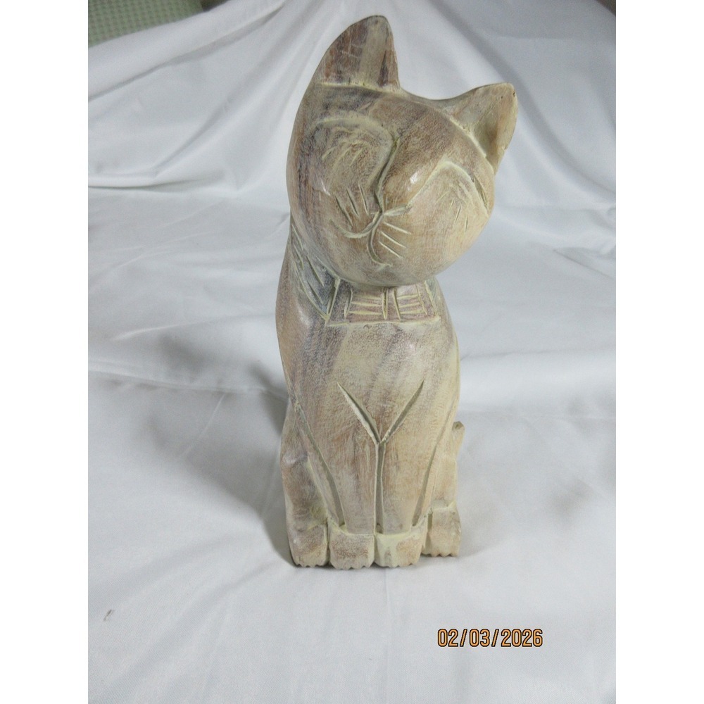 Wooden Cat Figurine Hand Carved Sitting Whimsical Collar Desk Shelf Decor 13"